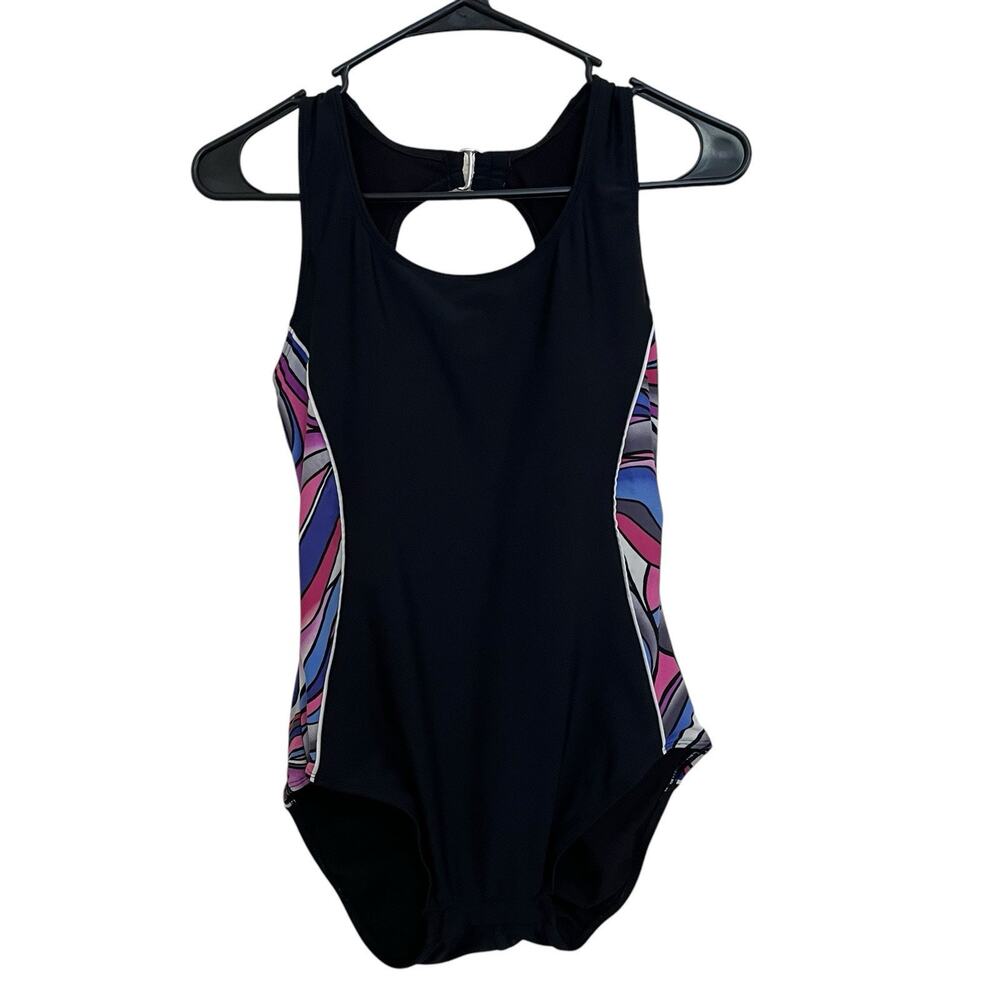 Catalina | Y2K Womens Black Wireless Padded One Piece Swimsuit Wavy Stripe Small
